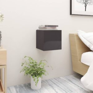 High Gloss Grey Bedside Cabinet Wall Mounted Storage Nightstand Engineered Wood