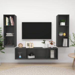 Modern Grey Wall Mounted TV Stand Set Storage HiFi Stereo Cabinets Wood Finish