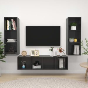 High Gloss Grey Wall Mounted TV Stand Set Storage HiFi Stereo Cabinet Engineered Wood