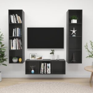 High Gloss Grey Wall Mounted TV Stand Set Storage HiFi Stereo Cabinet Engineered Wood