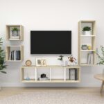 Modern Wall Mounted TV Stand Set White Oak Finish Engineered Wood Storage