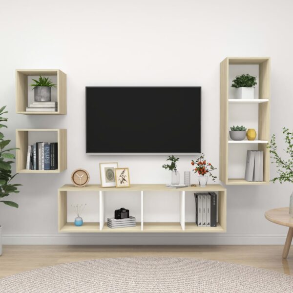 Modern Wall Mounted TV Stand Set White Oak Finish Engineered Wood Storage