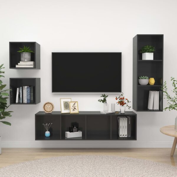 High Gloss Grey Wall Mounted TV Stand Set Storage HiFi Stereo Cabinet Engineered Wood