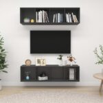 Chic Grey Wall Mount TV Stand Set Storage Organizer Engineered Wood Media Unit