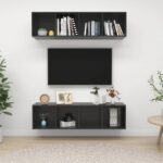 High Gloss Grey Wall-Mounted TV Cabinet Set Storage Organizer Engineered Wood