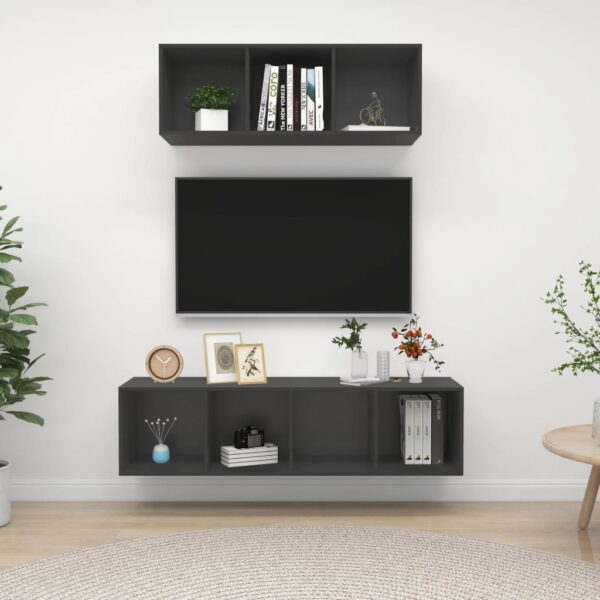 Modern Grey Wall Mounted TV Stand Set Engineered Wood Storage HiFi Cabinets