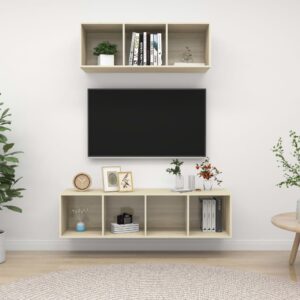 Wall Mounted TV Stand Set Sonoma Oak Finish Engineered Wood Storage HiFi Cabinet