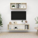 Chic White Sonoma Oak Wall Mounted TV Stand Set Storage HiFi Cabinet Organizer