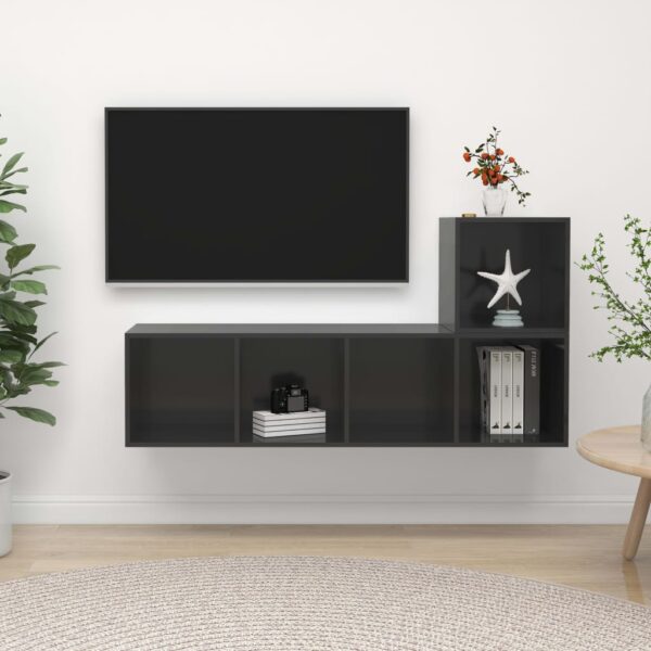 High Gloss Grey Wall Mounted TV Stand Set Engineered Wood Storage Cabinet Hifi