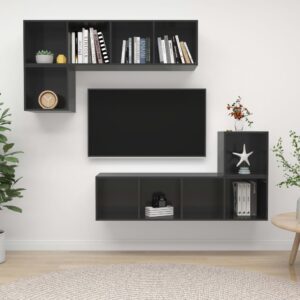 High Gloss Grey Wall Mounted TV Stand Set Storage HiFi Stereo Cabinet Organizer