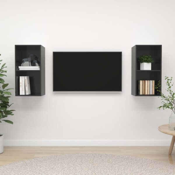 High Gloss Grey Wall-Mounted TV Cabinets Set of Two Engineered Wood Storage