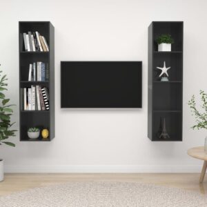 High Gloss Grey Wall Mount TV Cabinet Set Storage Organizer Engineered Wood