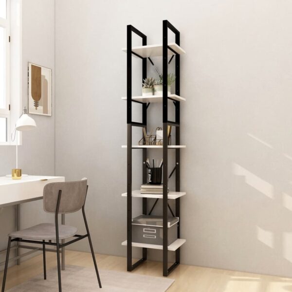 Modern White Wooden Bookshelf Set with Metal Frame - 5 Tier Storage Organizer