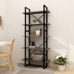 Modern Industrial Grey Wooden Bookcase Metal Frame 5-Tier Storage Shelves