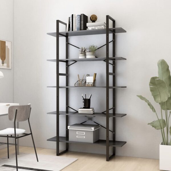 Modern Industrial Grey Bookshelf Engineered Wood Metal Frame 5-Tier Storage