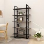 Modern Industrial Grey Wooden Bookshelf Metal Frame 5-Tier Storage Organizer