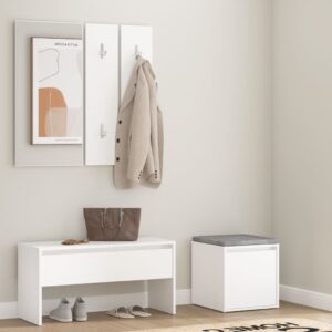 Chic White Hallway Furniture Set Engineered Wood Storage Bench Coat Rack Mirror