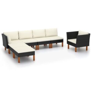 7 Piece Garden Lounge Set Poly Rattan and Eucalyptus Wood Black