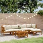 6 Piece Garden Lounge Set with Cream Cushion Solid Acacia Wood