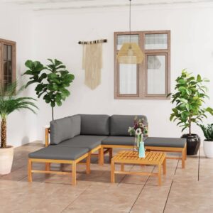 6 Piece Garden Lounge Set with Grey Cushions Solid Teak Wood