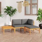 4 Piece Garden Lounge Set with Grey Cushions Solid Teak Wood