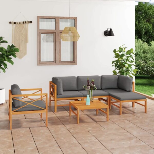 6 Piece Garden Lounge Set with Grey Cushions Solid Wood Teak