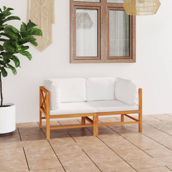 Outdoor Patio Loveseat Sofa with Cream Cushions Solid Teak Wood Comfortable