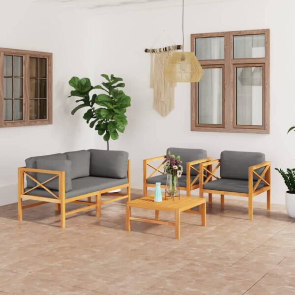 5 Piece Garden Lounge Set with Grey Cushions Solid Wood Teak