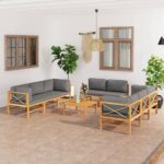 9 Piece Garden Lounge Set with Grey Cushions Solid Teak Wood