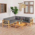 6 Piece Garden Lounge Set with Grey Cushions Solid Teak Wood