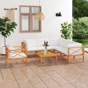 7 Piece Garden Lounge Set with Cream Cushions Solid Teak Wood