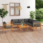 7 Piece Garden Lounge Set with Grey Cushions Solid Wood Teak