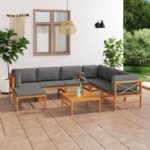 8 Piece Garden Lounge Set with Grey Cushions Solid Teak Wood