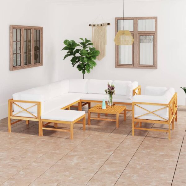 10 Piece Garden Lounge Set with Cream Cushions Solid Teak Wood