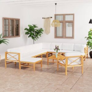 12 Piece Garden Lounge Set with Cream Cushions Solid Teak Wood