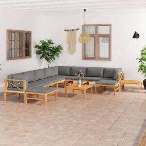 12 Piece Garden Lounge Set with Grey Cushions Solid Teak Wood