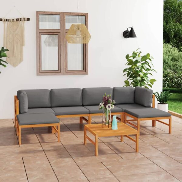 7 Piece Garden Lounge Set with Grey Cushions Solid Teak Wood