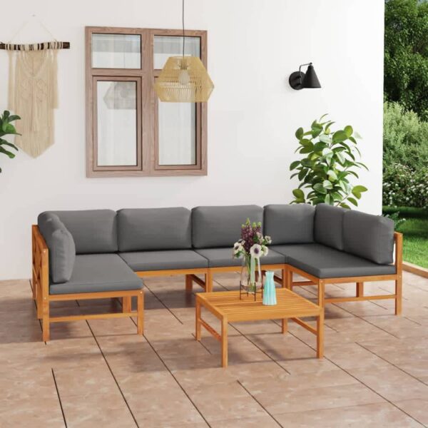 7 Piece Garden Lounge Set with Grey Cushions Solid Teak Wood