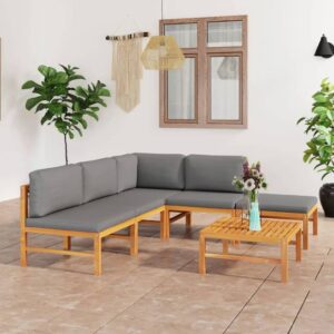 6 Piece Garden Lounge Set with Grey Cushions Solid Teak Wood