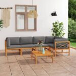 6 Piece Garden Lounge Set with Grey Cushions Solid Teak Wood