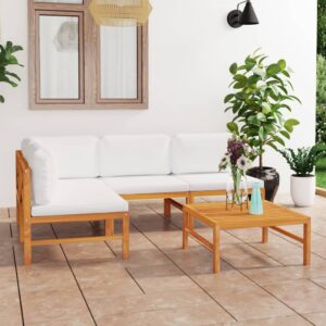 5 Piece Garden Lounge Set with Cream Cushions Solid Teak Wood