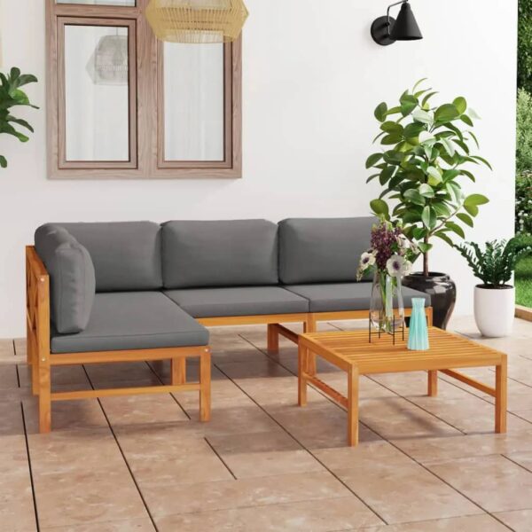 5 Piece Garden Lounge Set with Grey Cushions Solid Teak Wood