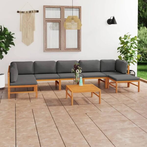 8 Piece Garden Lounge Set with Grey Cushions Solid Teak Wood