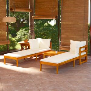 3 Piece Garden Lounge Set with Cream White Cushions Acacia Wood