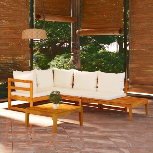 4 Piece Garden Lounge Set with Cream White Cushions Acacia Wood