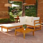 3 Piece Garden Lounge Set with Cream White Cushions Acacia Wood