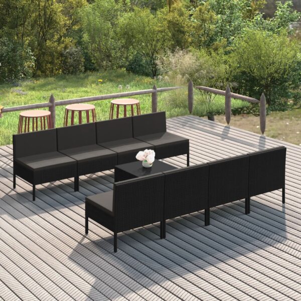 9 Piece Garden Lounge Set with Cushions Poly Rattan Black