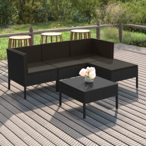 5 Piece Garden Lounge Set with Cushions Poly Rattan Black