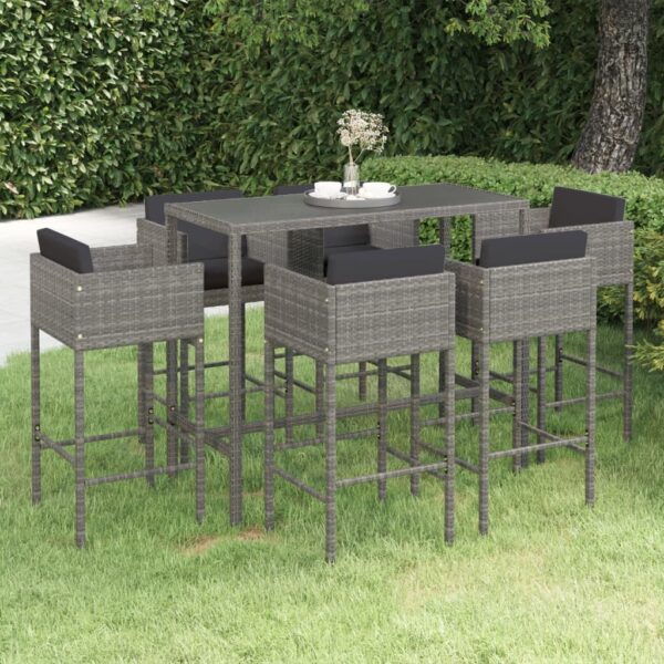 7 Piece Garden Bar Set with Cushions Poly Rattan Grey