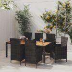 7 Piece Outdoor Dining Set with Cushions Poly Rattan Black